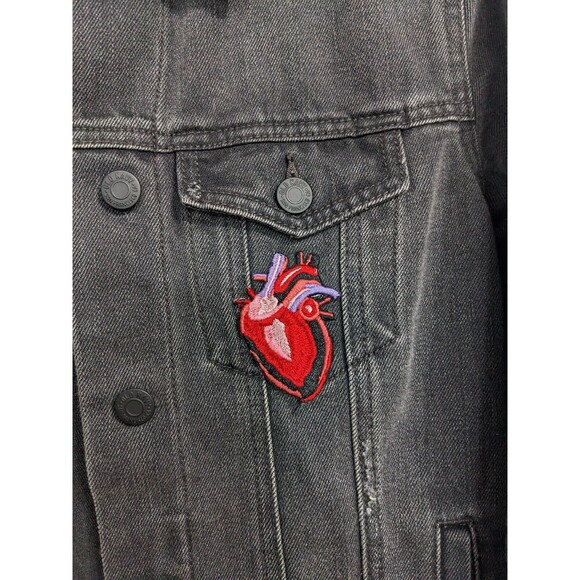 Embroidered Patch Denim Jacket Women’s Size S Old Navy Black Skull Pisces Custom - Picture 4 of 14